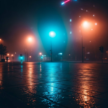 Empty street in the fog at night. View from the street.の写真素材