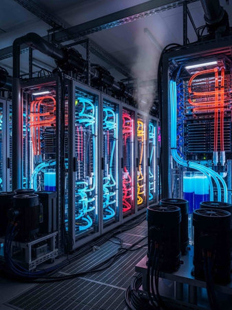 Interior of a server room with bright lights in blue tones.の写真素材