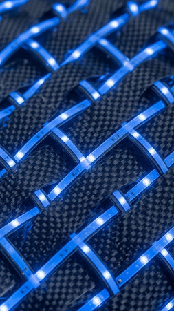 Close up shot of a carbon fiber composite material with blue led lightsの写真素材