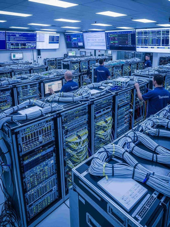 Interior of a data center with servers and racks for storing dataの写真素材