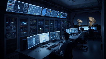 View of a Man working in a big data center 3d renderingの写真素材