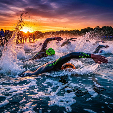 Triathlete swimming in the sea at sunset. Triathlon competitionの写真素材