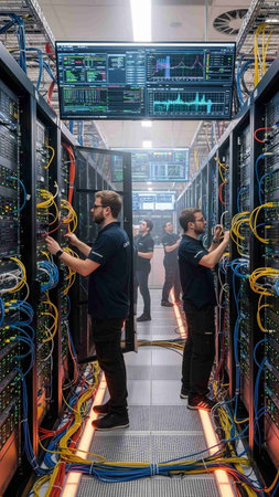 Team of technicians working in server room data center and checking network cablesの写真素材