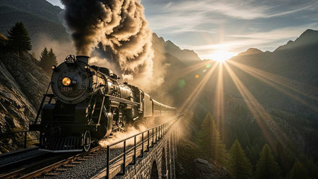 Old steam locomotive at sunset in Dolomites mountains, Italyの写真素材