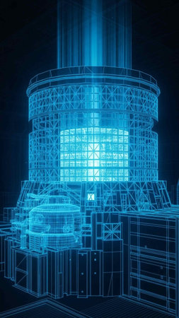 3D rendering of a blueprint of a modern building in a wireframe style.の写真素材