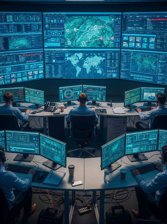 Security guards monitoring computers in surveillance room. Security guards in surveillance room.の写真素材