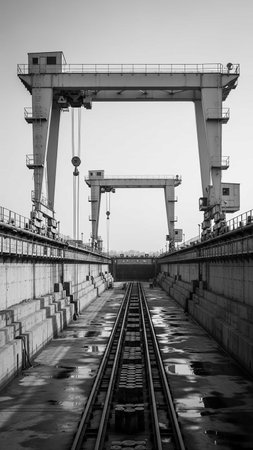 Railway bridge in black and white. Railway bridge over the river.の写真素材