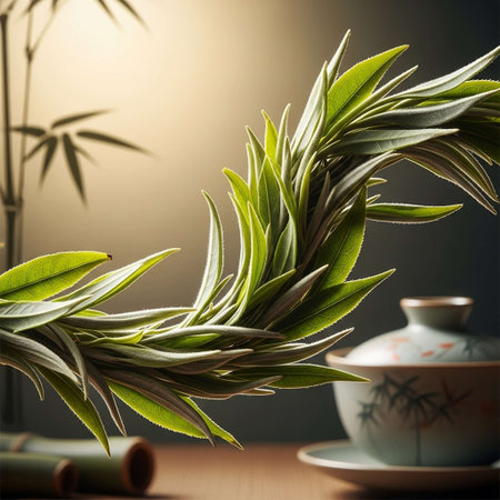 Bamboo leaves on a wooden table, with a cup in the backgroundの写真素材