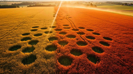 Aerial view of a beautiful sunset over a wheat field in Polandの写真素材