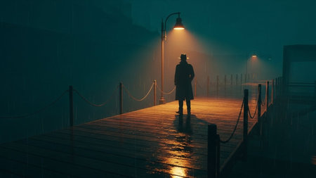 Man walking on the pier in a foggy morning. 3d renderingの写真素材