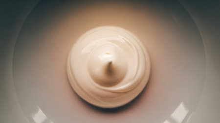 Close up of whipped cream in a bowl. Blurred background.の写真素材