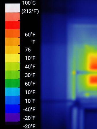 Close-up of multicolored thermometer on a blue backgroundの写真素材