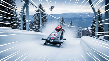 Snowboarder riding a snowmobile against snowy landscape with fir treesの写真素材