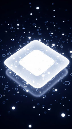 Glowing squares with bokeh effect on dark background, 3D renderingの写真素材