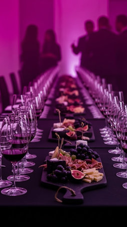 catering, banquet, food and drink concept - close up of wine glasses on table at restaurantの写真素材