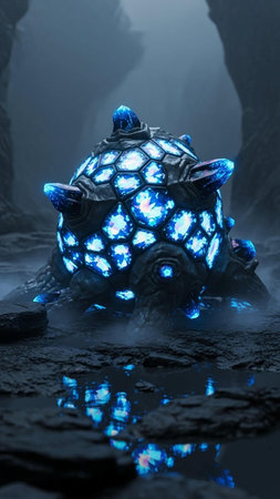 3D rendering of a fantasy alien planet in dark space with blue lightsの写真素材