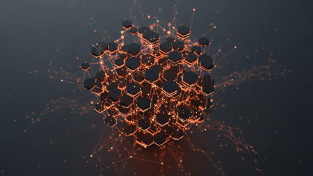 Abstract 3d rendering of chaotic structure. Futuristic background with hexagons.の写真素材