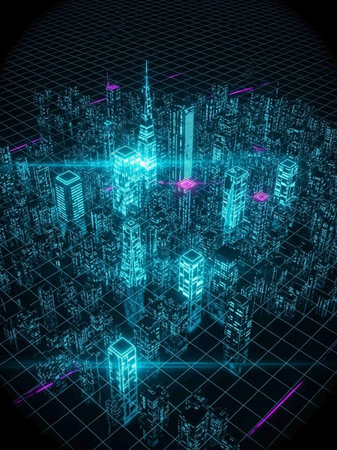 Futuristic city with binary code. 3D Rendering.の写真素材
