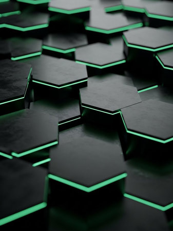 Abstract 3d rendering of hexagons background. Dark green glowing hexagons.の写真素材