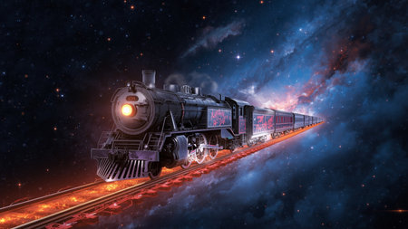 A classic steam locomotive with glowing headlight travels through a vibrant cosmic galaxy.