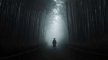 Silhouette of a man in a bamboo forest with fog.の写真素材