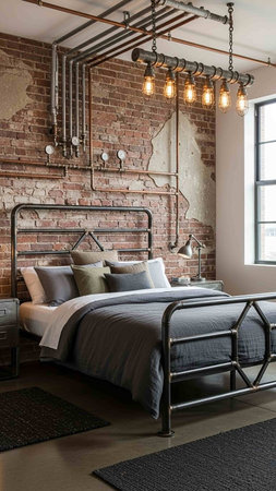 A modern industrial-style bedroom with a metal bed and brick wallの写真素材