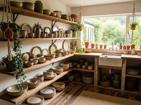A kitchen with wooden shelves filled with ceramic dishes and potted plants