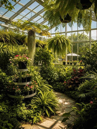 A serene and vibrant greenhouse filled with lush greenery and colorful flowers