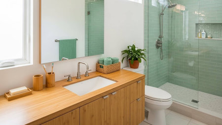 A modern bathroom with a wooden vanity and green shower tiles