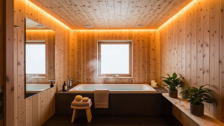 A serene wooden bathroom with a large bathtub and warm lighting