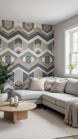 A modern living room with a geometric patterned accent wall and a comfortable sectional sofaの写真素材