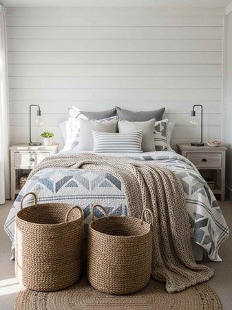 A serene bedroom with a neatly made bed and woven baskets