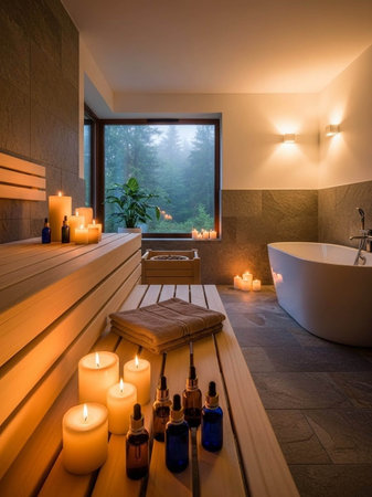 A serene bathroom with candles and a view of the forest outsideの写真素材