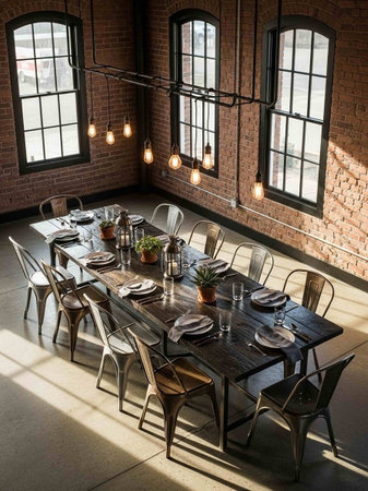A beautifully set dining table in a modern industrial space with brick walls and large windowsの写真素材