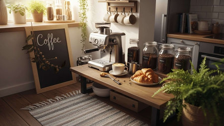 A cozy kitchen with a coffee station and pastries on a wooden tableの写真素材