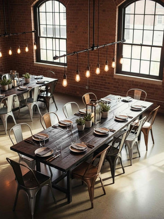 A beautifully set dining table in a modern industrial restaurant with brick walls and large windows