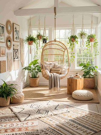A serene bohemian room with a hanging wicker chair and lush greeneryの写真素材