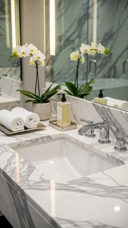 A luxurious bathroom sink with marble countertop and modern fixturesの写真素材