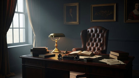 A dark and moody office with a large wooden desk and leather chairの写真素材