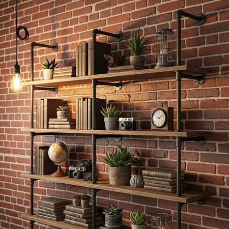 A stylish industrial bookshelf with decorative items against a brick wallの写真素材