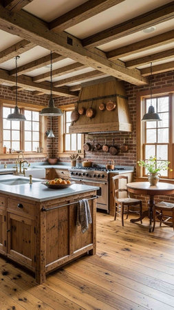 A large rustic kitchen with wooden beams and a kitchen island