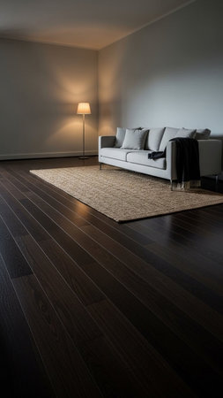 A modern living room with a gray couch and dark wood floorsの写真素材