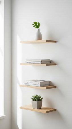 A minimalist room with wooden shelves and potted plants on a white wallの写真素材
