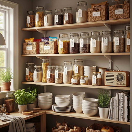 A well-organized kitchen pantry with labeled jars and baskets on shelves