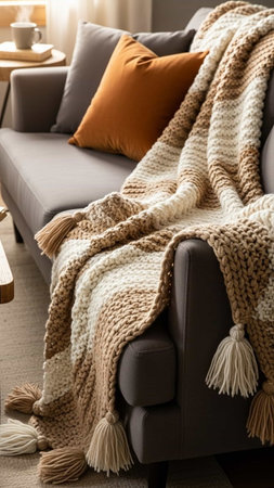 A cozy living room with a gray couch and a knitted throw blanket