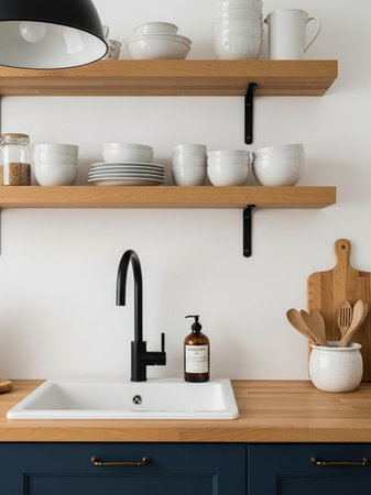 A modern kitchen with wooden shelves and a white sink