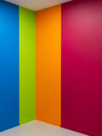A colorful room with vibrant painted walls in different hues