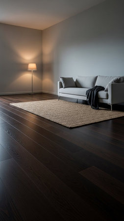 A modern living room with a gray couch and a floor lampの写真素材