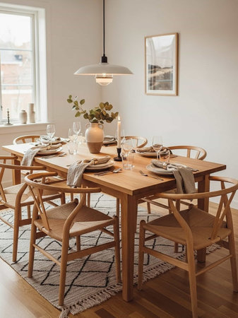 A beautifully set dining table in a modern home with wooden chairs and a vase of flowers