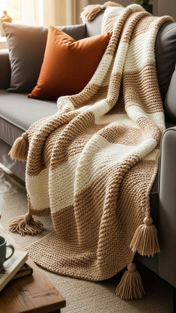 A cozy living room with a knitted blanket on a gray sofaの写真素材